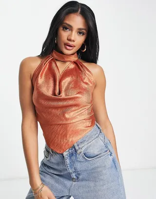 ASOS DESIGN cami with cowl neck and open back in orange