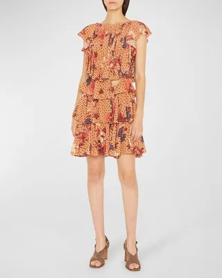 Ayla Flutter-Sleeve Floral Ruffle Mini Dress