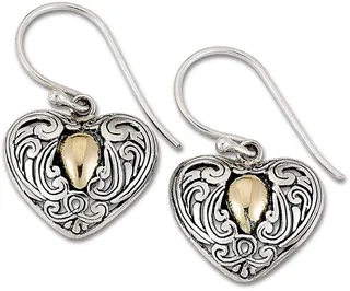 Sterling Silver & 18K Gold Filigree Design Heart Shape Earrings