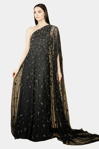 One Shoulder Cape Sleeve Gown