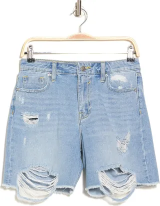 Distressed High Waist Fray Hem Denim Bermuda Shorts
