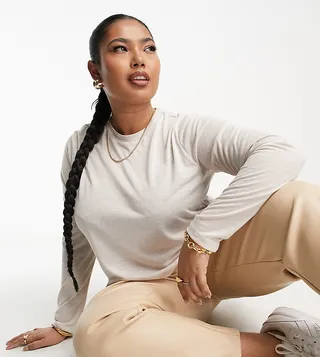 ASOS DESIGN Curve light weight marled boxy long sleeve top in oatmeal heather