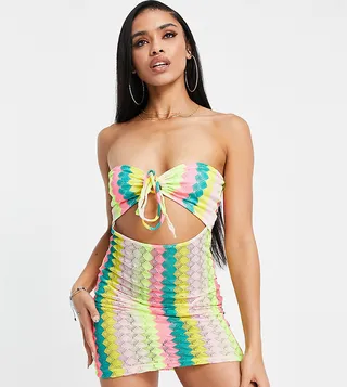 ASYOU bandeau cut out stripe crochet mini dress in multi