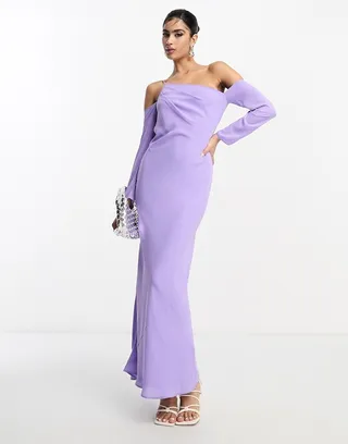 ASOS DESIGN asymmetric maxi dress with cold shoulder detail in lilac
