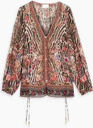 Embellished printed silk-chiffon blouse