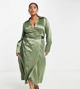 ASOS DESIGN Curve satin belted wrap collared midi dress in dark sage