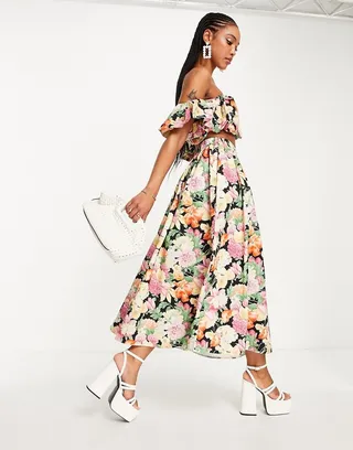ASOS EDITION cotton full midi skirt with tiers in dark floral chintz print