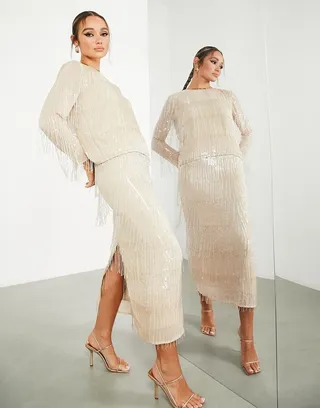 ASOS EDITION sequin & fringe midi pencil skirt in blush