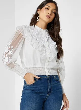 Balloon Sleeve Button Detail Top