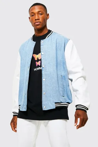 Oversized Contrast Sleeve Denim Bomber Jacket