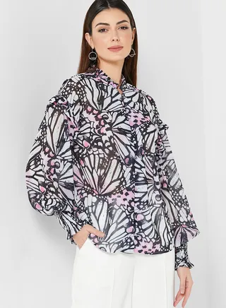 Printed Ruffle Detail Top