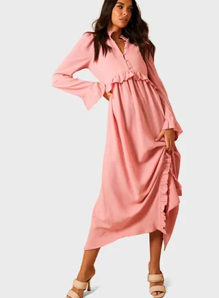 Button Down Frill Asymmetric Hem Dress