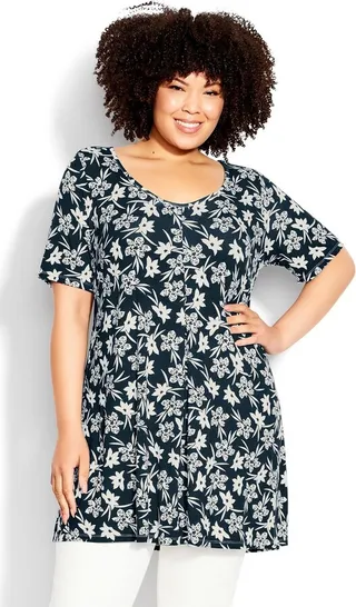 EVANS | Women's Plus Size Luv Pleat Print Tunic - navy - 30W