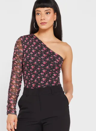 One Shoulder Puff Sleeve Printed Body