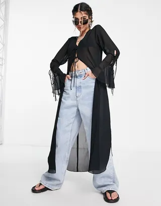 Weekday sheer chiffon midi cardigan in black