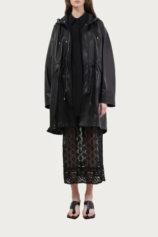Hooded Lambskin Leather Coat in Black