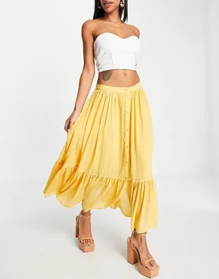 French Connection ruffle hem midi skirt in mustard