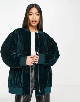 ASOS DESIGN velour bomber jacket in green