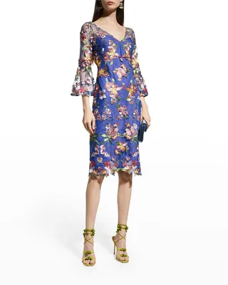 Floral-Embroidered Tulle Cocktail Dress
