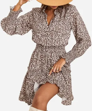 Women's Long Sleeve Leopard Elastic Mini Dress - Cupshe -Light Brown-L