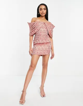 ASOS LUXE pleated Bardot jacquard mini dress in paisley print