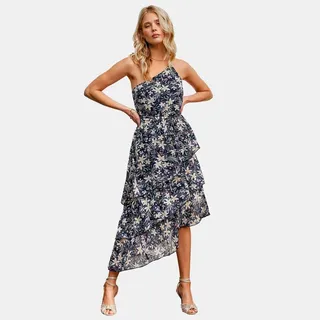 Women's Belted One-Shoulder Ruffled Dress - Cupshe-XL-Blue