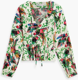 Breanna gathered printed linen-blend gauze blouse