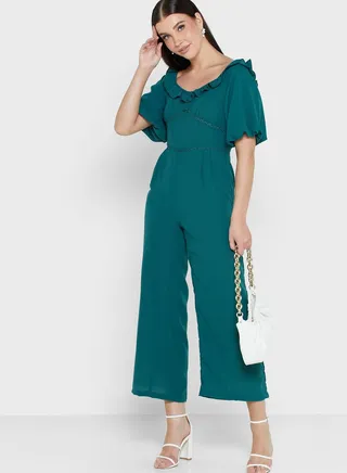 Frill Neck Puff Sleeve Detail Jumpsuit