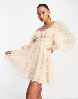ASOS DESIGN fluffy mini dress with ruched bust and shirred cuffs in pale pink