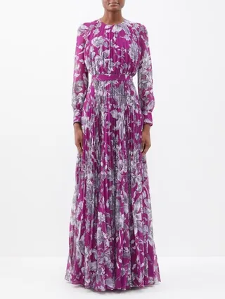 Lindsay Floral-print Pleated Voile Gown