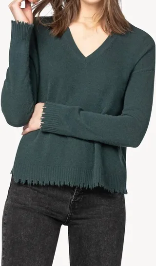 Distressed V-Neck Sweater in Evergreen