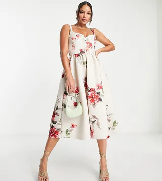 ASOS DESIGN Tall corset seamed midi prom dress in floral print