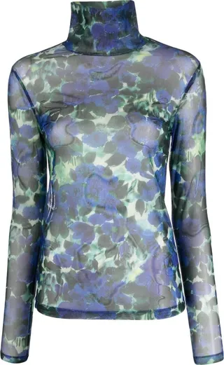 DRIES VAN NOTEN- Printed Stretch Mesh Turtleneck Sweater