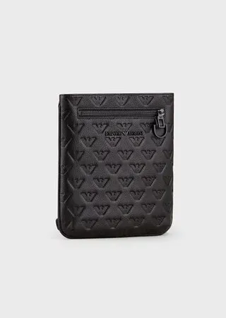 Flat leather shoulder bag with all-over embossed eagle