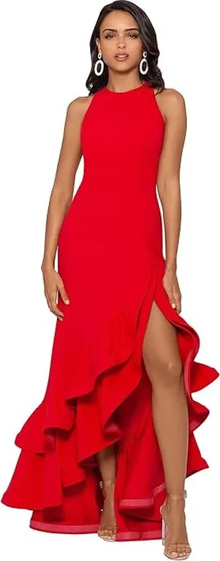 Betsy & Adam Long Halter Crepe Tiered Ruffle Gown (Red) Women's Dress
