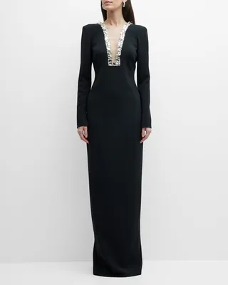 Plunged Column Gown With Beaded Crystal Trim