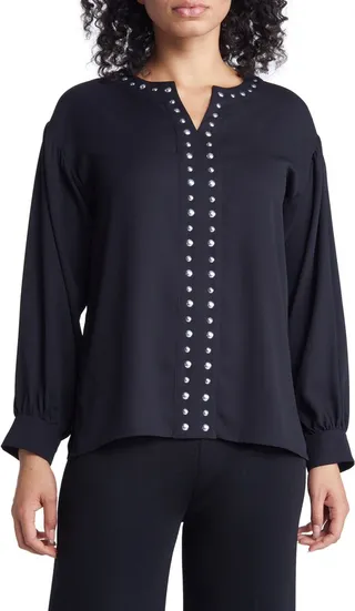 Split Neck Studded Trim Tunic Top