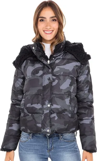 Sebby Womens Camouflage Contemporary Fit Long Sleeve Puffer Jacket - Black X Large