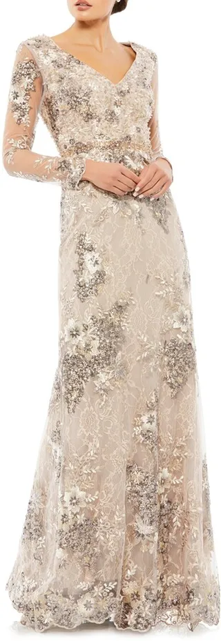 Embellished Long Sleeve Lace Gown