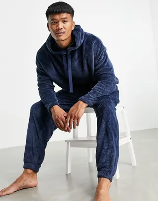 ASOS DESIGN hoodie & sweatpants pajama set in fleece