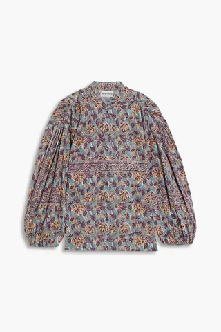 Fanny ruched floral-print cotton-jacquard blouse