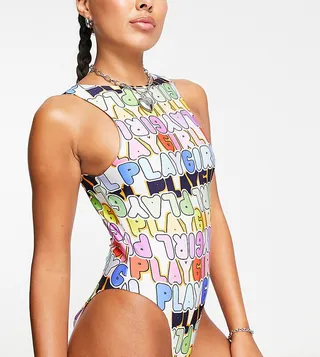 ASYOU high neck cut out back swimsuit in playgirl graphic print