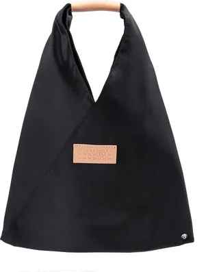 Satin handbag with leather logo patch