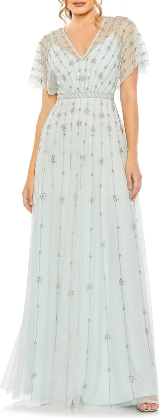 Embellished Flutter Sleeve A-Line Gown