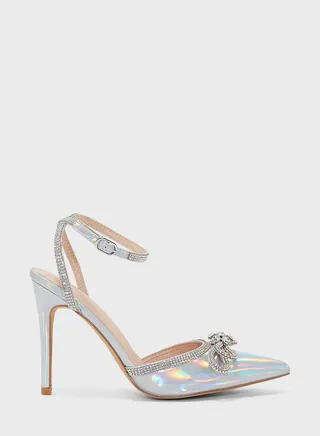 Iridenscent Diamante Bow And Trim Pointed Pump
