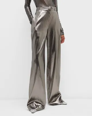 Belted Metallic Silk Wide-Leg Trousers
