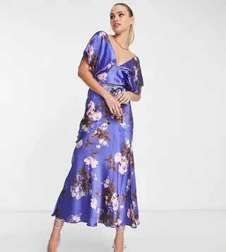 ASOS DESIGN Tall satin batwing midi dress with large floral print in purple
