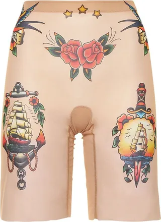 Tattoo printed sheer tulle bike shorts