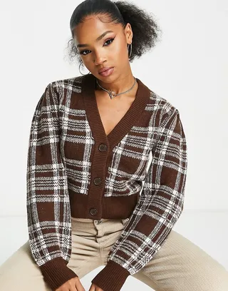 Monki cozy knit cardigan in brown plaid