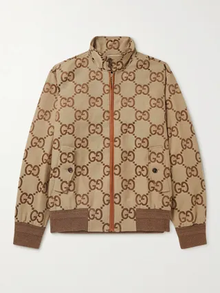 Logo-Jacquard Leather-Trimmed Cotton-Blend Canvas Bomber Jacket